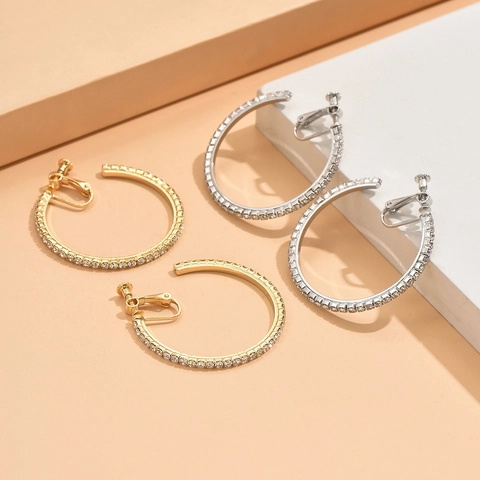 Vintage Elegante Strass Grote Creolen Mode Niet Doorboord Schroefsluiting Clip On Oorbellen Voor Vrouwen Legering Sieraden