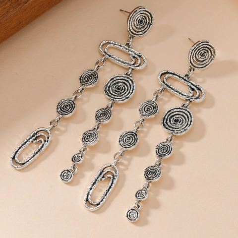 Orecchini Pendenti Vintage Boho Argento Antico con Nappine Donna Geometrici Spirale Lunghi in Lega di Rame Gioielli