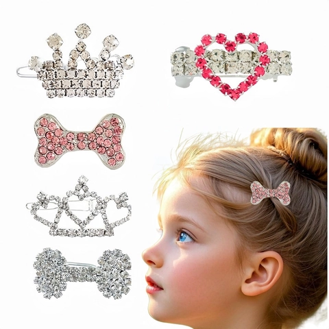 Ensemble de Barrettes Couronne Nœud en Alliage Strass pour Filles Animaux de Compagnie Forme de Cœur Mini Barrettes Bijoux de Tête