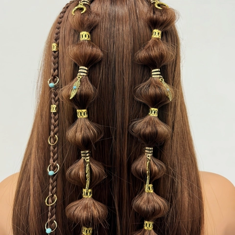 Set di Gioielli con Anelli per Capelli in Treccia di Metallo Boemo Luna Piuma Foglia Cavi Fermagli per Capelli Dreadlock per Donna