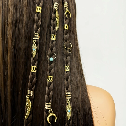 Set di Gioielli con Anelli per Capelli in Treccia di Metallo Boemo Luna Piuma Foglia Cavi Fermagli per Capelli Dreadlock per Donna