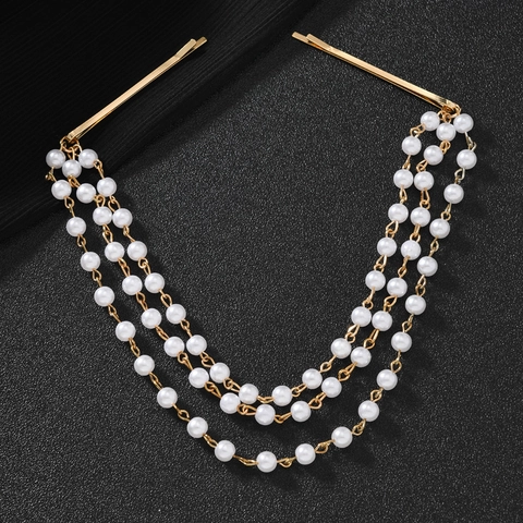 Elegante Vergoldete Legierung Mehrlagige Weiße ABS Künstliche Perlenimitat Quaste Haarklammern Braut Hochzeit Party Haarschmuck Damen