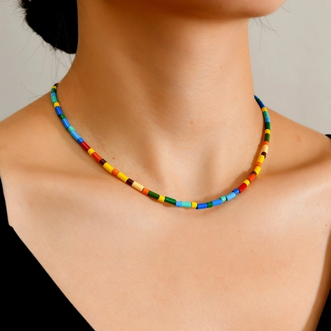 Böhmische Mehrfarbige Keramik Perlen Choker Halskette Für Damen Handgefertigte Regenbogen Bonbon Stil Sommer Urlaub Kurze Kette