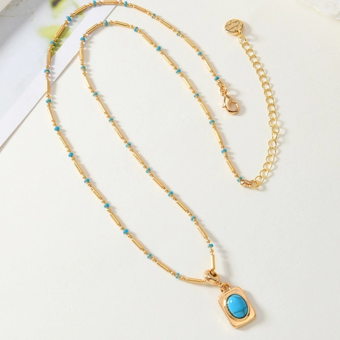Collier Pendentif en Alliage Vintage Bohème Perles de Turquoise Artificielle Bleues Chaîne Plaquée Or Collier pour Femme Bijoux Vacances