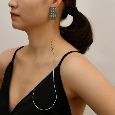 Orecchini a Pendolo Creativi Vintage Tastiera del Telefono Con Lunga Nappa Lega d'Argento Piastra Numerica Molla del Cavo Telefonico