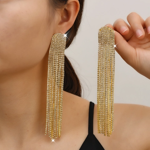 Luxus Legierung Strass Lange Quasten Ohrringe Übergroße Funkelnde Kristall Ohrhänger Für Damen Hochzeit Bankett Party Schmuck