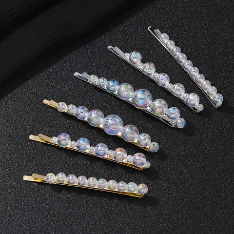 Iridescent Bead Bobby Pins Alloy Gold Silver Transparent AB Color Hair Clips For Women Girls Daily Party Fashion Accessories