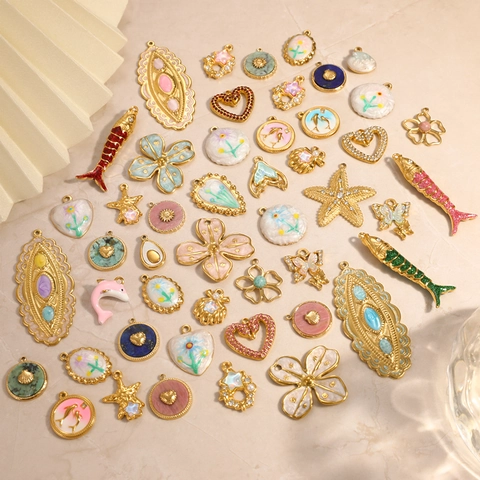 DIY Stainless Steel Pendant Charms Colorful Enamel Heart Flower Butterfly Fish Shell Shapes Gold Plated Jewelry Accessories