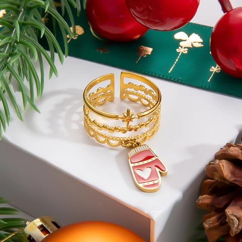 Edelstahl Weihnachtsring Damen 18K Vergoldet Emaille Weihnachtsmann Glocke Zuckerstange Anhänger Offener Verstellbarer Ring Festlicher Schmuck Geschenk