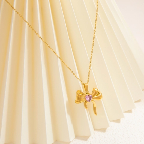 18K Vergoldeter Edelstahl Schleife Herz Strass Anhänger Halskette Für Damen Leichter Luxus Ins Stil Choker Schmuck