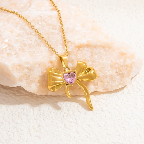 18K Vergoldeter Edelstahl Schleife Herz Strass Anhänger Halskette Für Damen Leichter Luxus Ins Stil Choker Schmuck