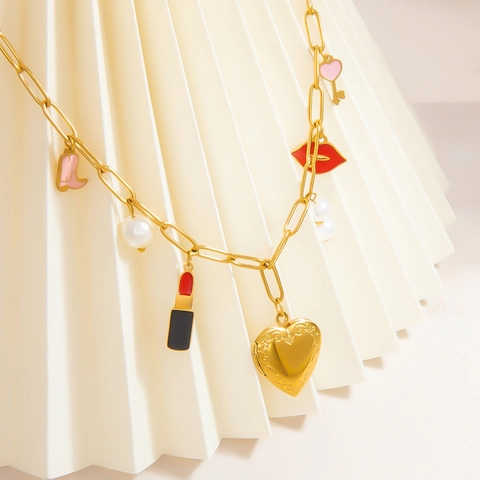 Collana a Catena a Graffetta in Acciaio Inossidabile Con Medaglione a Cuore Rossetto Labbra Stivali Ciondoli Perle Oro