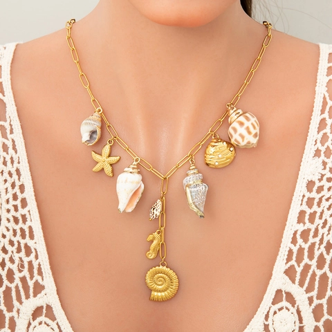 Böhmische Edelstahl 18K Vergoldete Charm-Halskette Für Damen Muschel Sonne Herz Böser Blick Schmetterling Anhänger Schmuck