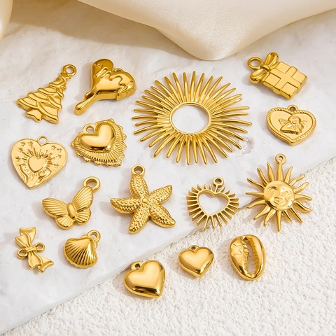 Roestvrij Stalen 18K Vergulde Charms Voor Sieraden Maken DIY Hanger Hart Zon Kerstboom Zeester Schelp Vlinder Accessoires Voor Dames