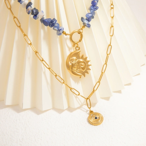 Roestvrij Staal Natuursteen Zon Maan Hanger Halsketting Voor Dames Parelmoer Gelaagde Hemelse Boheemse Strass Sieraden