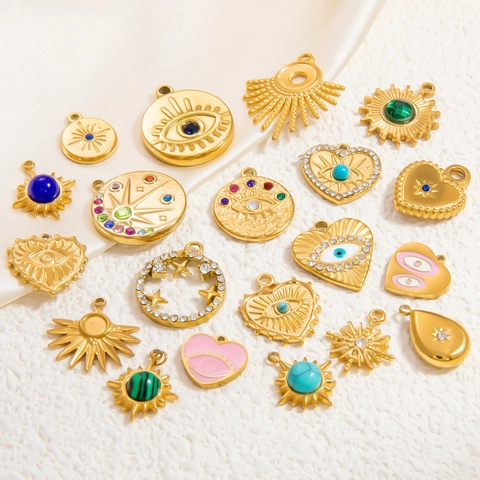 18K Gold Plated Stainless Steel Evil Eye Pendant For Women DIY Jewelry Making Heart Sun Star Rhinestone Enamel Charm Accessory