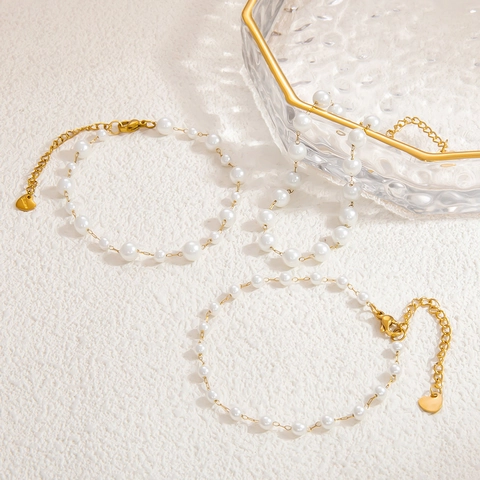 Elegant Stainless Steel Artificial Pearl Bracelet For Women Gold Plated Heart Pendant Adjustable Layered Chain Fashion Jewelry