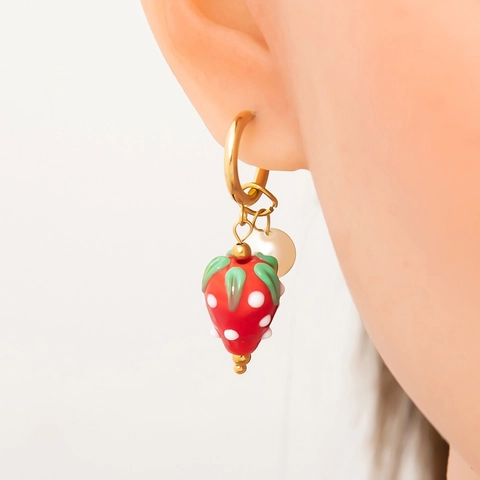 Boucles d'Oreilles Créoles en Acier Inoxydable Forme Fruit pour Femme Fraise Ananas Cerise Pendentif Style Pastoral Perle Artificielle Verre Bijoux d'Été