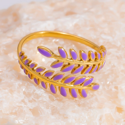 Roestvrij Staal 18K Verguld Emaille Olijftak Blad Open Ring Voor Vrouwen Tarwe-aar Botanisch Verstelbare Vingerring Sieraden