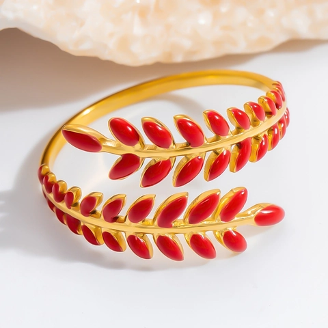 Roestvrij Staal 18K Verguld Emaille Olijftak Blad Open Ring Voor Vrouwen Tarwe-aar Botanisch Verstelbare Vingerring Sieraden