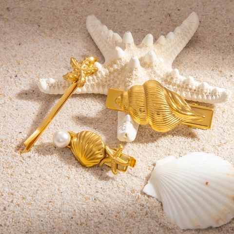 Pasador de Pelo de Acero Inoxidable Chapado en Oro de 18K Serie Oceano Estrella de Mar Concha Caracol de Mar Perla Artificial Horquilla para Mujer Joyería de Pelo Playa Verano