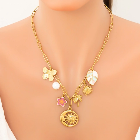 Collana a Catena a Graffetta in Acciaio Inossidabile Placcato Oro 18K Con Farfalla Perla Artificial Fiore Sole Luna Palma Gioielli Donna