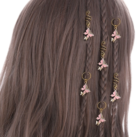 Anneaux de Cheveux Papillon en Alliage Émail Rose Accessoires Dreadlock en Spirale Barrettes à Cheveux Strass pour Femmes Filles