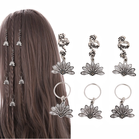 Vintage Legierung Blume Flecht Charms Spirale Haarringe Antik Silber Blütenblatt Anhänger DIY Flecht Haarschmuck Für Damen Mädchen