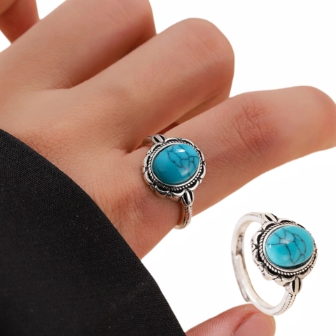 Vintage Bohemian Türkis Ring Für Damen Oval Edelstein Ethno Stil Silber Farbe Verstellbar Offen Fingerring Retro Schmuck Geschenk
