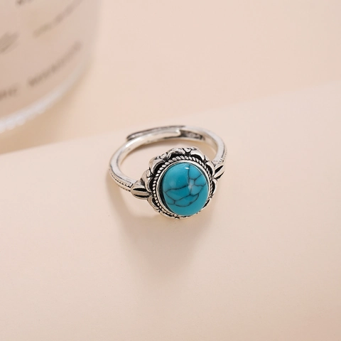 Vintage Bohemian Türkis Ring Für Damen Oval Edelstein Ethno Stil Silber Farbe Verstellbar Offen Fingerring Retro Schmuck Geschenk