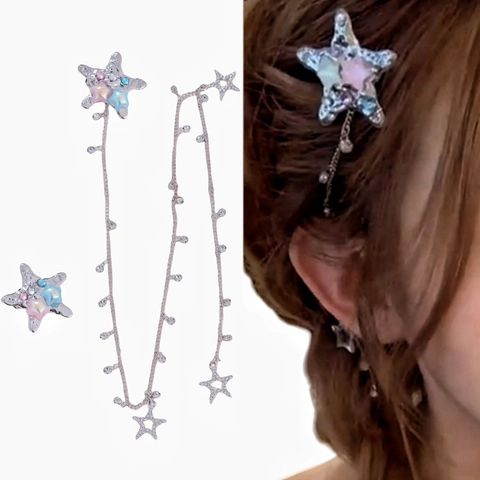 Y2K Cyber Silber Legierung Stern Haarklammer Quaste Kette Haarschmuck Für Damen Irisierende Strass Stern Entenschnabel Clip Millennial Mädchen Kopfschmuck