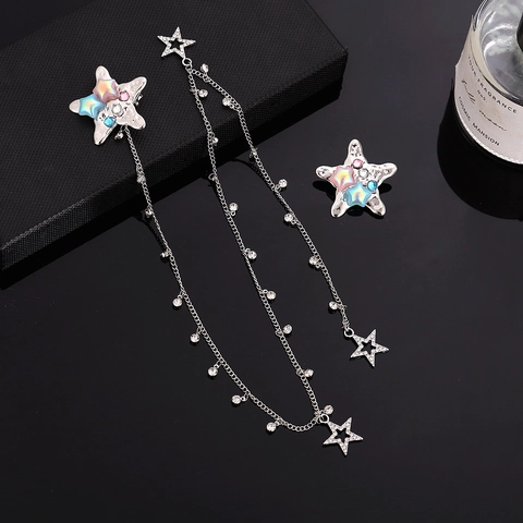 Y2K Cyber Silber Legierung Stern Haarklammer Quaste Kette Haarschmuck Für Damen Irisierende Strass Stern Entenschnabel Clip Millennial Mädchen Kopfschmuck