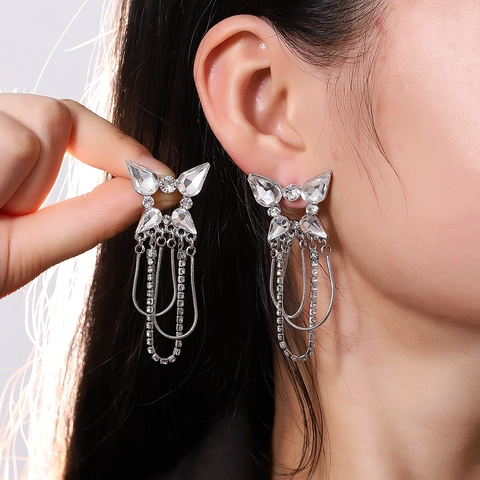 Butterfly Tassel Earrings For Women Inlaid Rhinestone Long Drop Dangle Earrings Stainless Steel Needle Fashion Jewelry Gift