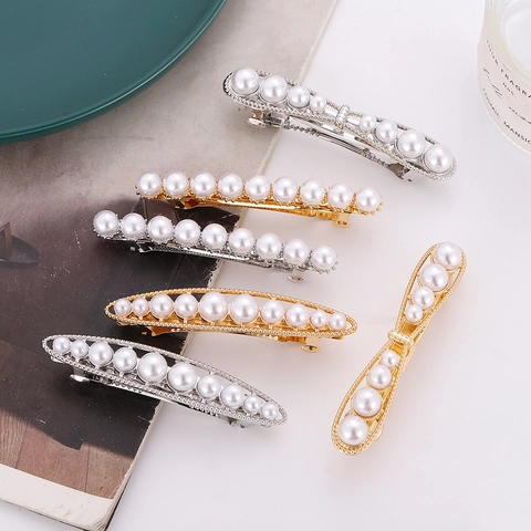 Elegant Alloy Artificial Pearl Hair Clip Gold Silver Plated Korean Fashion Spring Barrette For Women Daily Hair Accessory