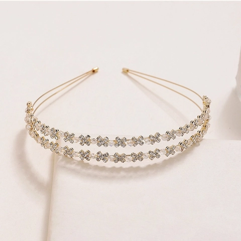Lussuoso Cerchietto da Sposa in Lega con Strass Doppia Fila Incrociata a Fiori Elegante Accessorio per Capelli da Fotografia