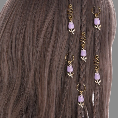 Pinces à Cheveux pour Tresses Africaines Alliage d'Or Pendentif Tulipe Émail Strass Bijoux pour Femmes Anneaux de Cheveux Dirty Braids