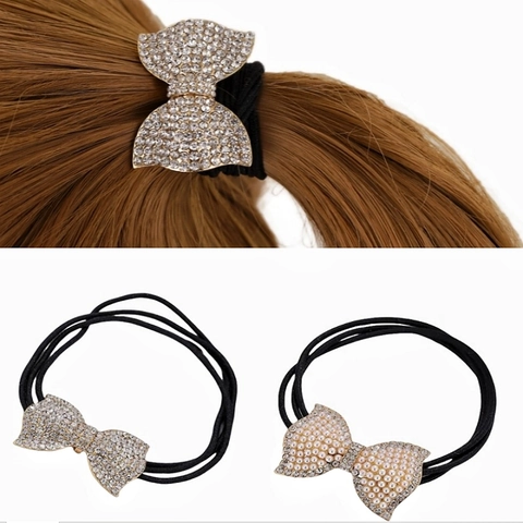 Gomas de Pelo con Lazo de Strass para Mujer Elegante Perla Artificial Geométrico Curvo Scrunchies Estilo Coreano Accesorios Elásticos
