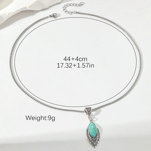Collana con Ciondolo Turchese Vintage Bohemian in Lega Placcata Argento Intagliata Totem Etnico Catena Veneziana Gioielli Donna