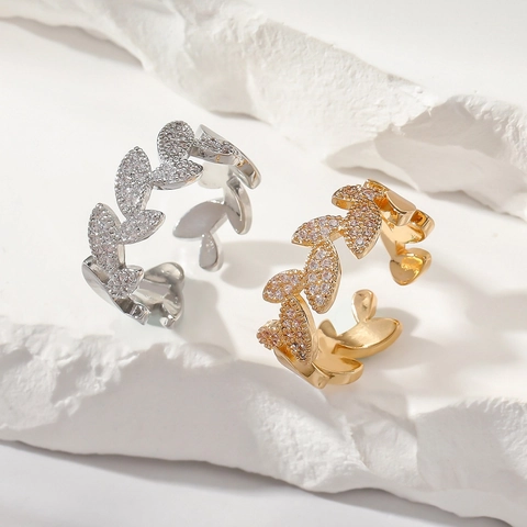 Verstelbare Blad Open Ring Koper Zirkoon Olijftak Ontwerp Lichte Luxe Koreaanse Stijl Sieraden Voor Vrouwen Dagelijks Cadeau