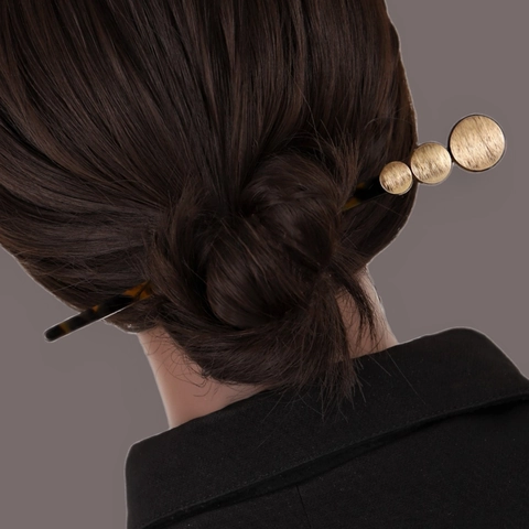 Retro Ancient Style Amber Tortoiseshell Pattern Hair Stick Alloy Gold Disc Minimalist Hair Pin Elegant Bun Maker Accessory