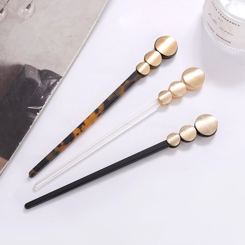 Retro Ancient Style Amber Tortoiseshell Pattern Hair Stick Alloy Gold Disc Minimalist Hair Pin Elegant Bun Maker Accessory