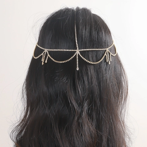 Lujosa Cadena de Pelo de Aleación con Borlas de Diamantes de Imitación Elegante Cadena de Frente Estilo Occidental Bohemio Joyería de Boda Mujer