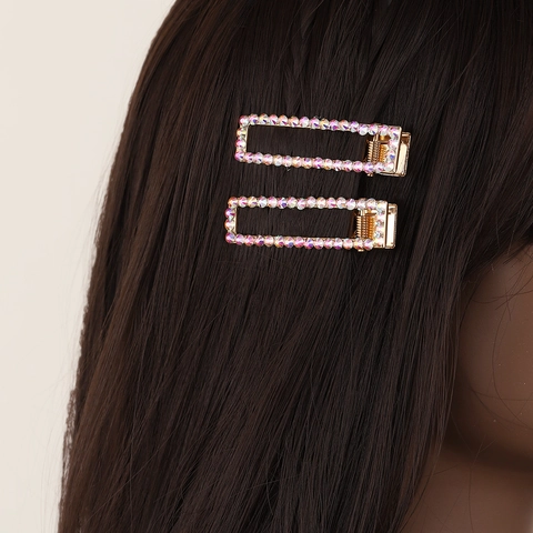 Fermaglio per Capelli in Lega Cava Rettangolare AB Strass Stile Coreano Oro Galvanizzato Clip a Becco d'Anatra per Donna Accessori Moda