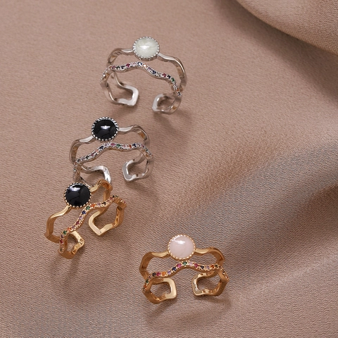 Anello Aperto a Doppio Strato Ondulato Vintage Francese per Donna in Rame Con Strass Intarsiati e Motivo a Occhio di Perla Artificiale