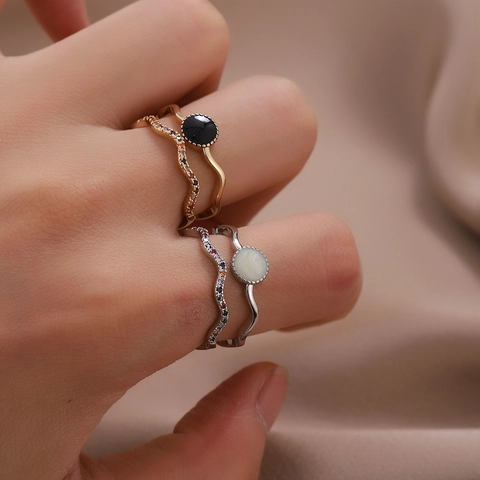 Anello Aperto a Doppio Strato Ondulato Vintage Francese per Donna in Rame Con Strass Intarsiati e Motivo a Occhio di Perla Artificiale