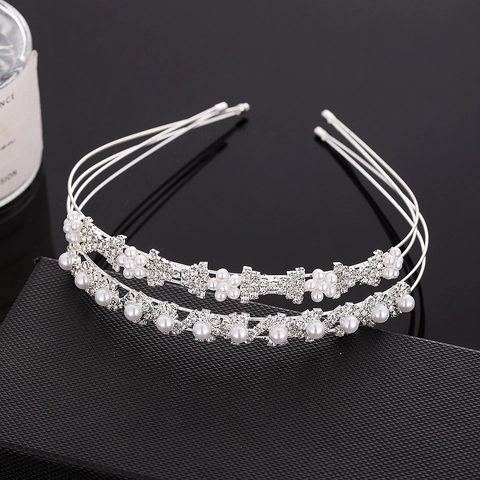 Cerchietto da Sposa Matrimonio Strass Fiocco Perla Artificiale Doppio Strato Lega Argento Cerchietto Fiori Elegante Festa Accessori Capelli