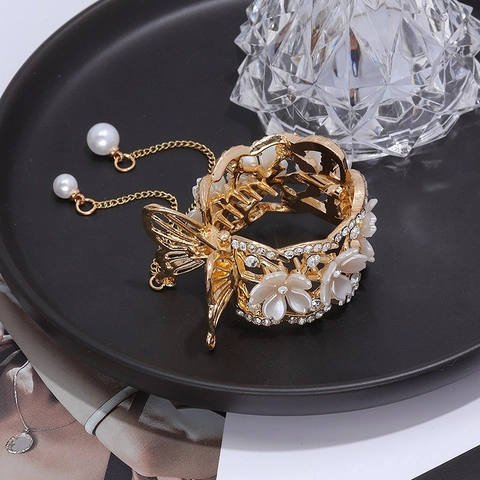 Pinza Para El Cabello Elegante De Aleación Flor Mariposa Con Borla De Diamantes De Imitación Perla Artificial Sintética Accesorio Para Mujer Boda Fiesta