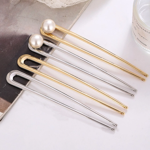 Minimalist U-Shaped Alloy Hair Stick For Women Elegant Gold Silver Plated Artificial Pearl Inlaid Hair Fork For Chignon Hair Styling Accessories