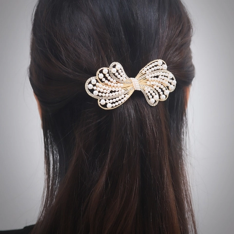 Elegante Fermaglio per Capelli a Farfalla in Metallo Oro per Donna Perla Artificiale Strass Clip a Molla Gioielli Sposa