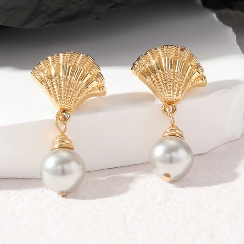 Ocean Style Seashell Artificial Pearl Dangle Earrings With 925 Sterling Silver Earring Post Gold Plated Alloy Jewelry For Women
